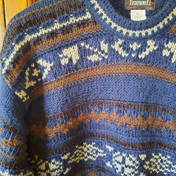 Tramonti Made in Italy wool blend Nordic fair isle chunky knit crewneck sweater - Picture 5 of 10